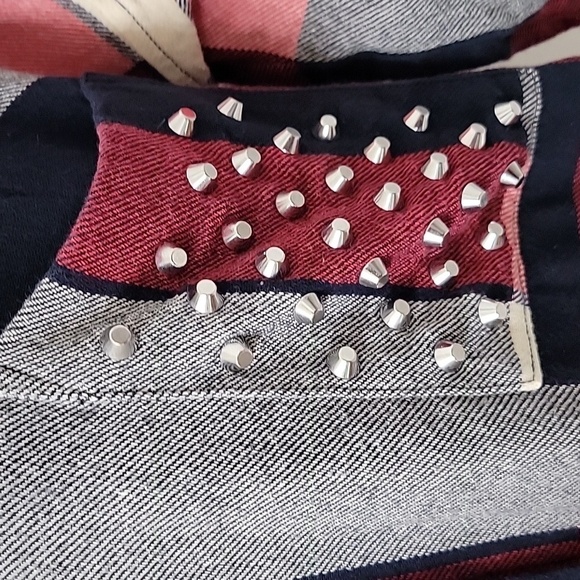 Zara Basic Size M Red Blue and Cream Plaid Studded Flannel Shirt Mini Dress - Picture 4 of 16